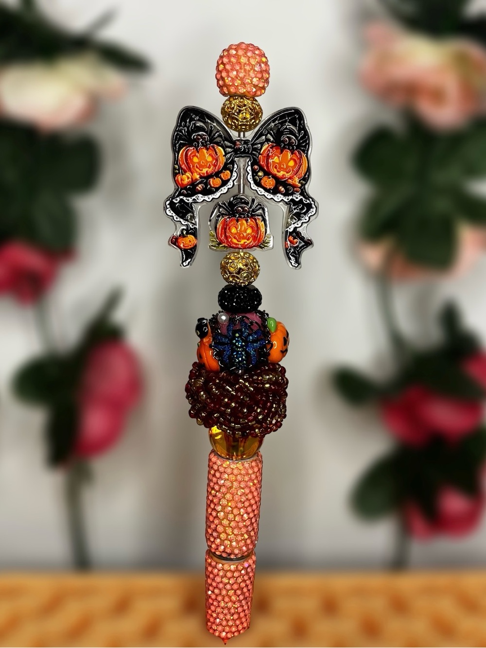 Halloween Spider Pumpkin Bow Orange Rhinestone Handmade Beaded Pen • Extended